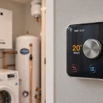 Hive active heating smart thermostat displaying target temperature with UK boiler room in background