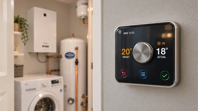 Hive active heating smart thermostat displaying target temperature with UK boiler room in background