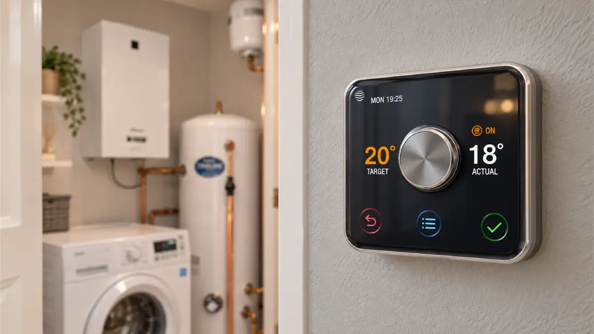 Hive active heating smart thermostat displaying target temperature with UK boiler room in background